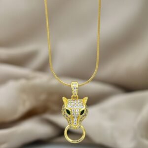 Gold Panther Head Pendant with Zircon Crystals and Emerald Green Eyes