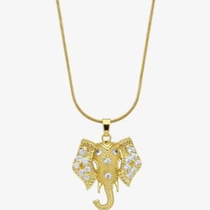 Detailed Elephant Face Pendant with Shimmering Zircon Crystals and Gold Chain