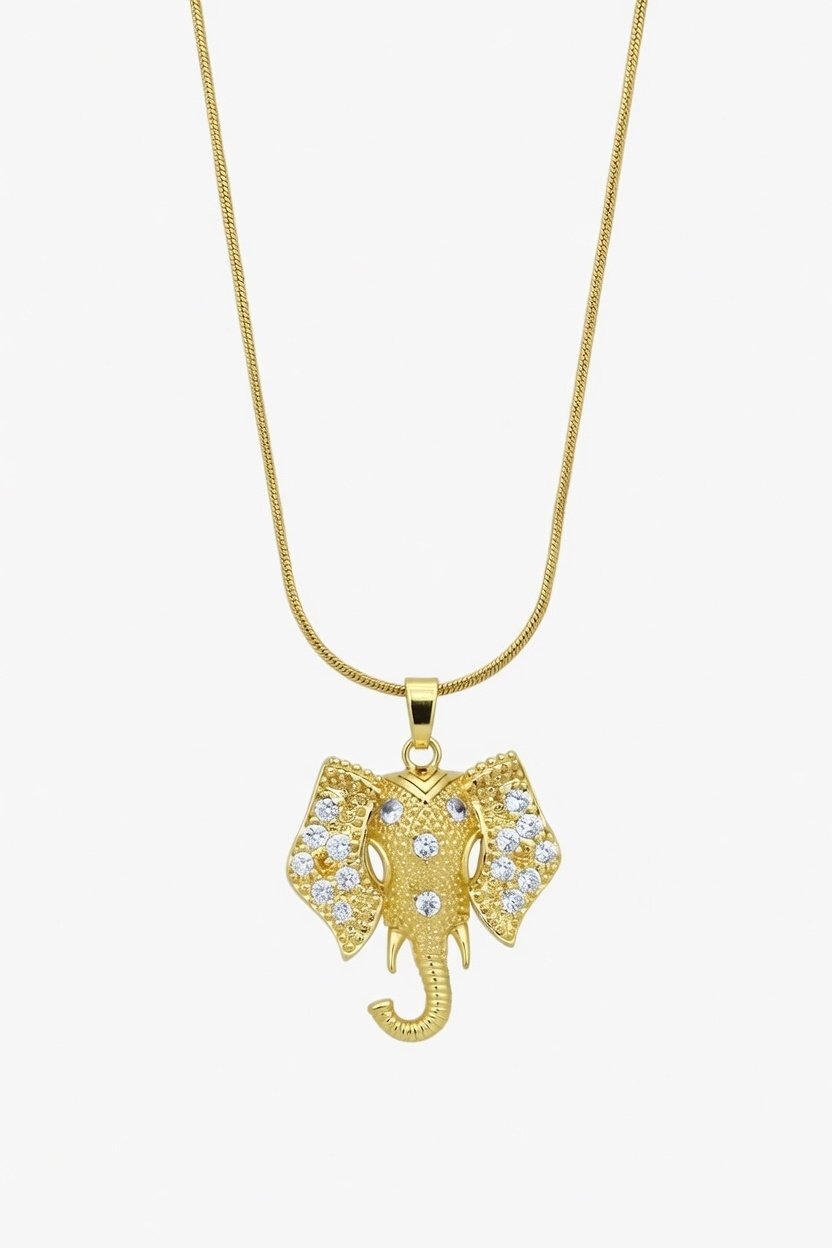 Detailed Elephant Face Pendant with Shimmering Zircon Crystals and Gold Chain