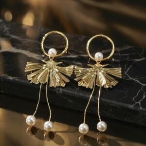 Golden Pearl Ginkgo Drops 18K Gold Plated Statement Earrings with Pearls