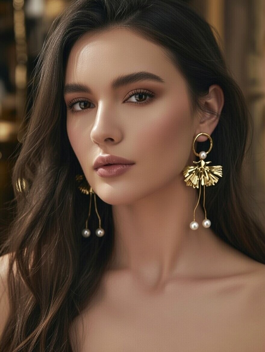 Golden Pearl Ginkgo Drops | 18K Gold Plated Statement Earrings - Image 2