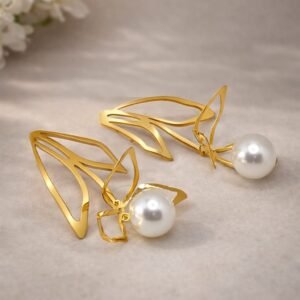 Pearl Wing Drops Earrings - Sculpted Gold and Pearl