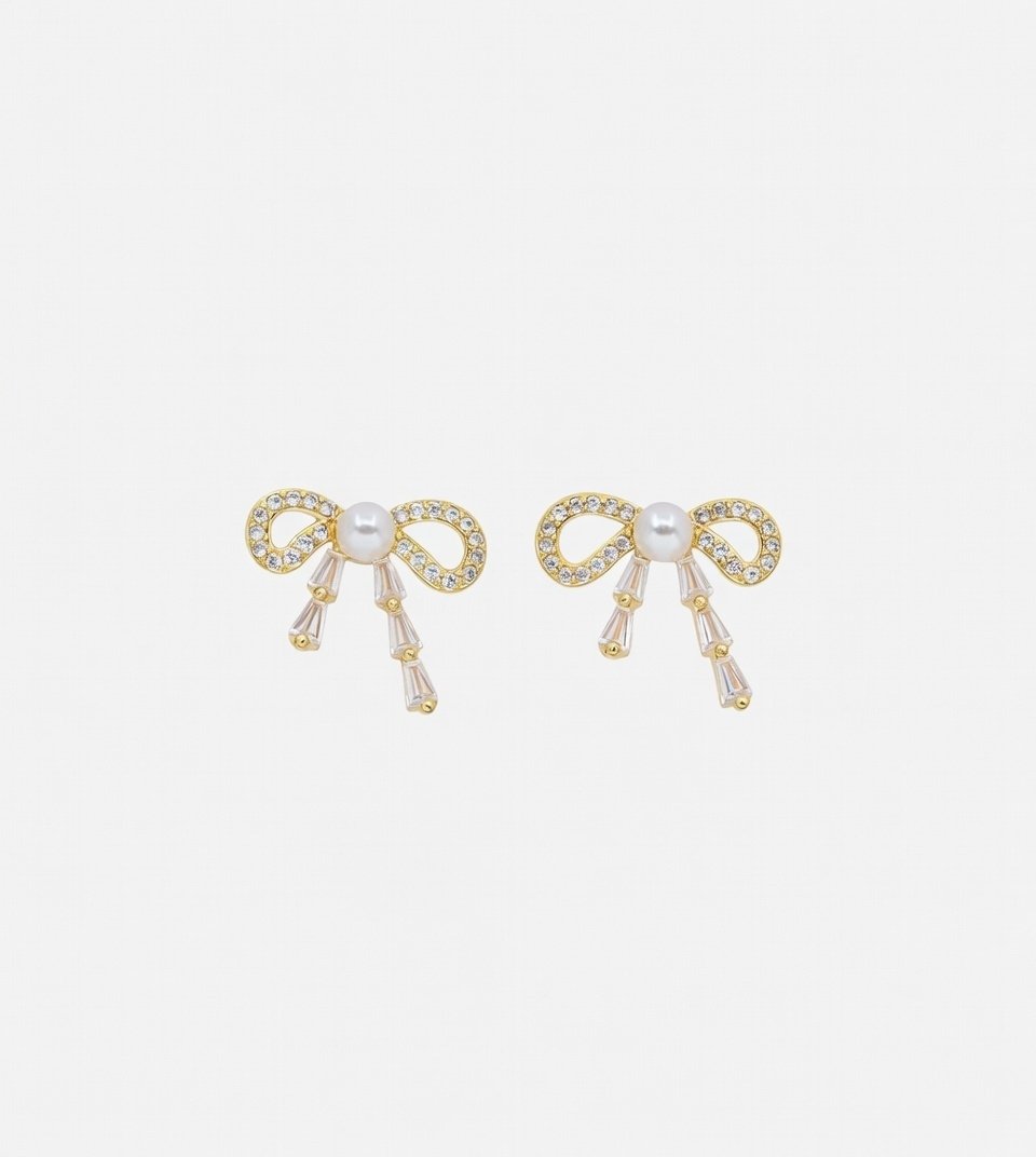 Aurum Belle Drops – Pearl Bow Cascade Earrings