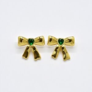 Aurum Verdé Bows – Heart-Gem Gold Studs