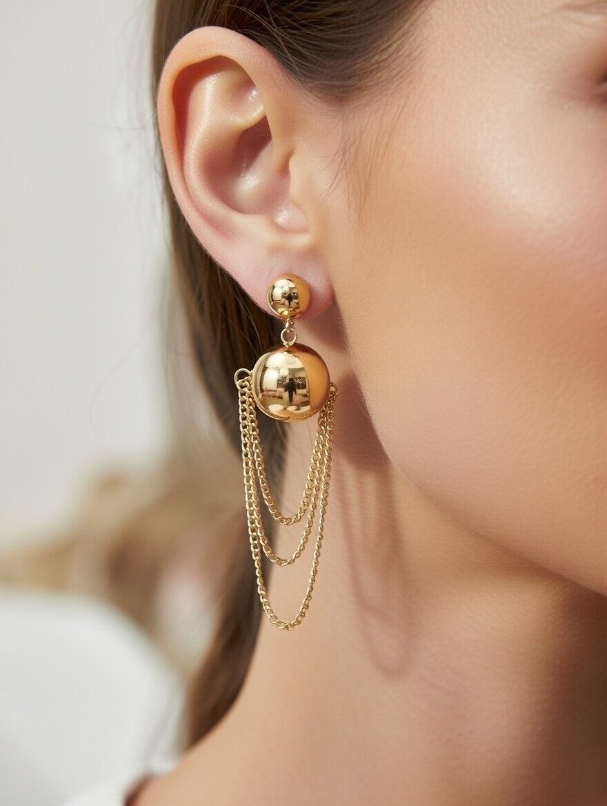 Golden Sphere Cascade Chain Drops | 18K Gold Plated Statement Earrings - Image 3