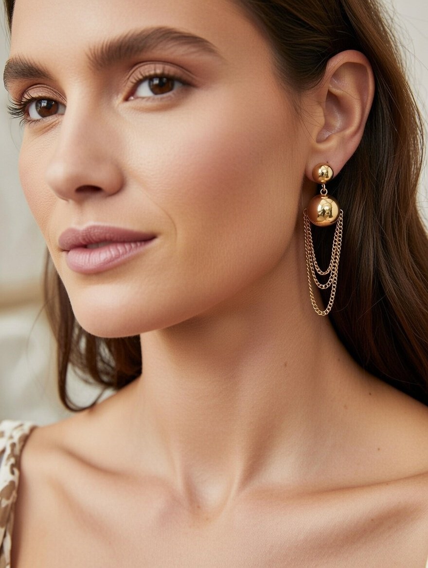 Golden Sphere Cascade Chain Drops | 18K Gold Plated Statement Earrings - Image 2