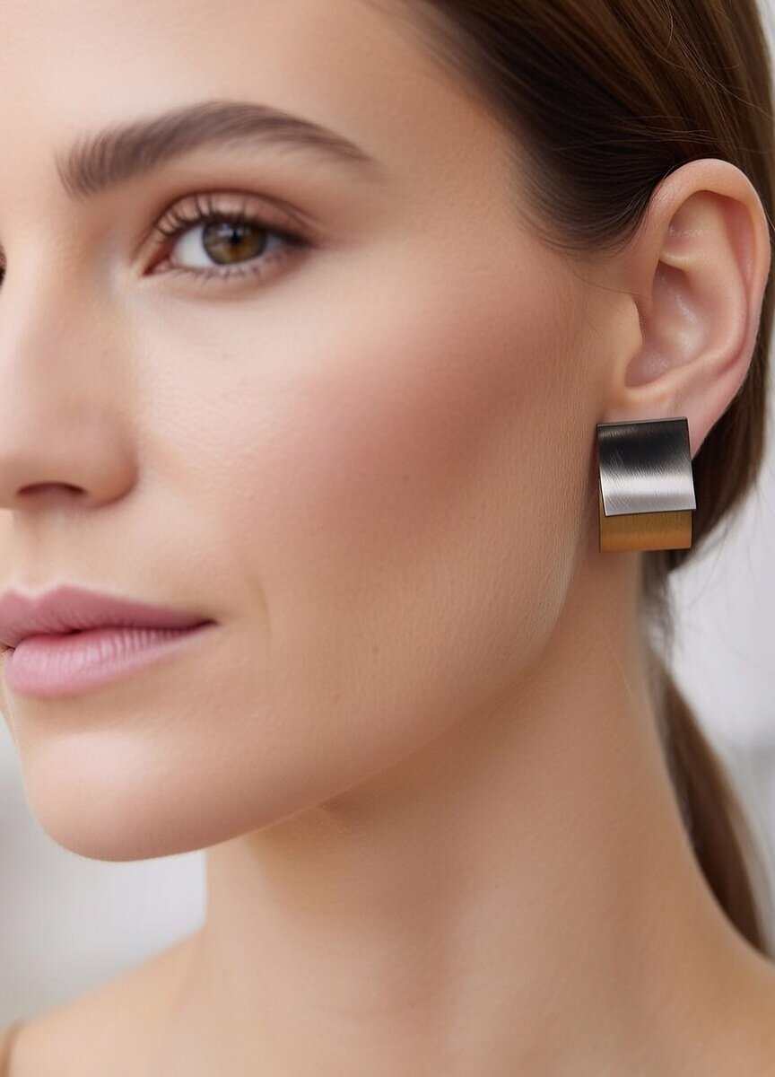 Modern Dual-Tone Brushed Square Studs | Premium Silver & Gold Geometric Earrings - Image 2