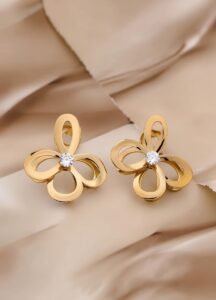 Golden Triple Petal Flower Crystal Studs