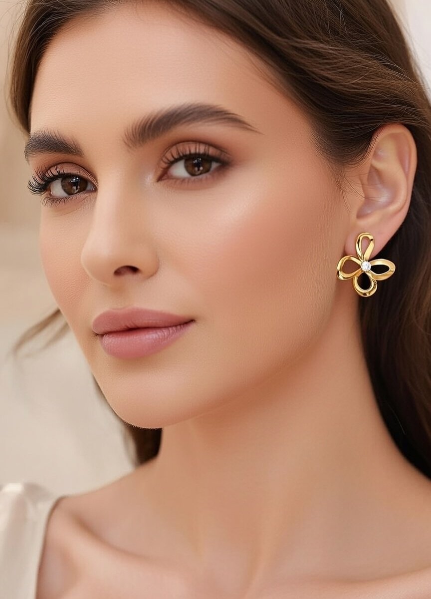 Golden Triple Petal Flower Crystal Studs - Image 2