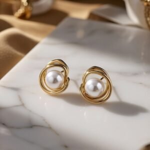Elegant Golden Nest Design Stud Earrings with Central Shell Pearl