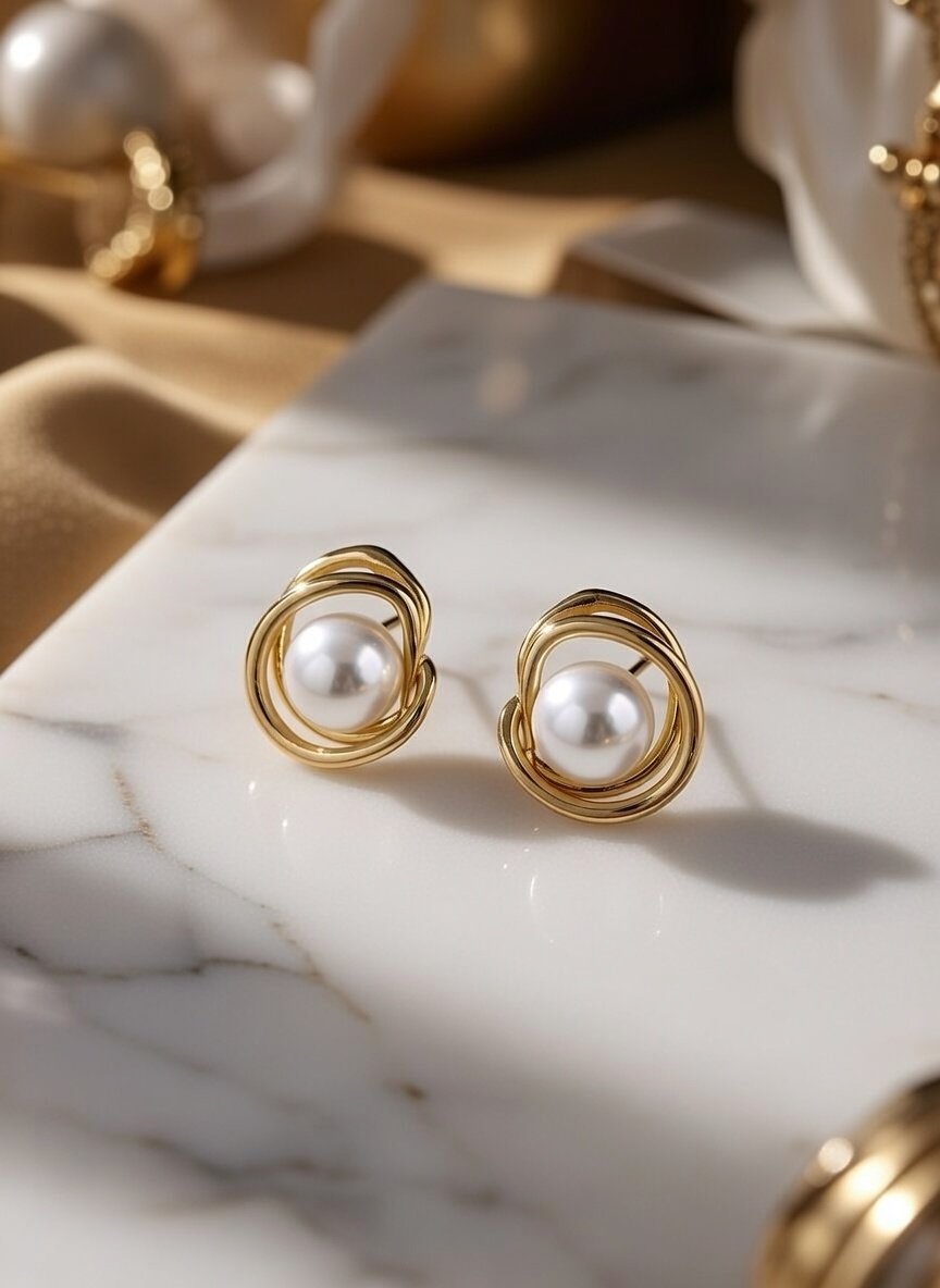 Elegant Golden Nest Design Stud Earrings with Central Shell Pearl
