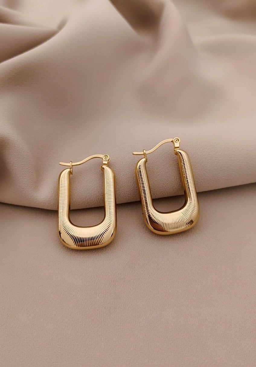 Retro Style U-Shaped Golden Hoop Earrings with Ribbed Texture