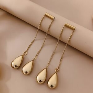 Long Golden Chain Earrings with Tear-drop Charms and Mirror Polish
