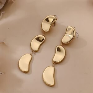 Triple Tiered Golden Bean Shaped Dangler Earrings with Mirror Finish