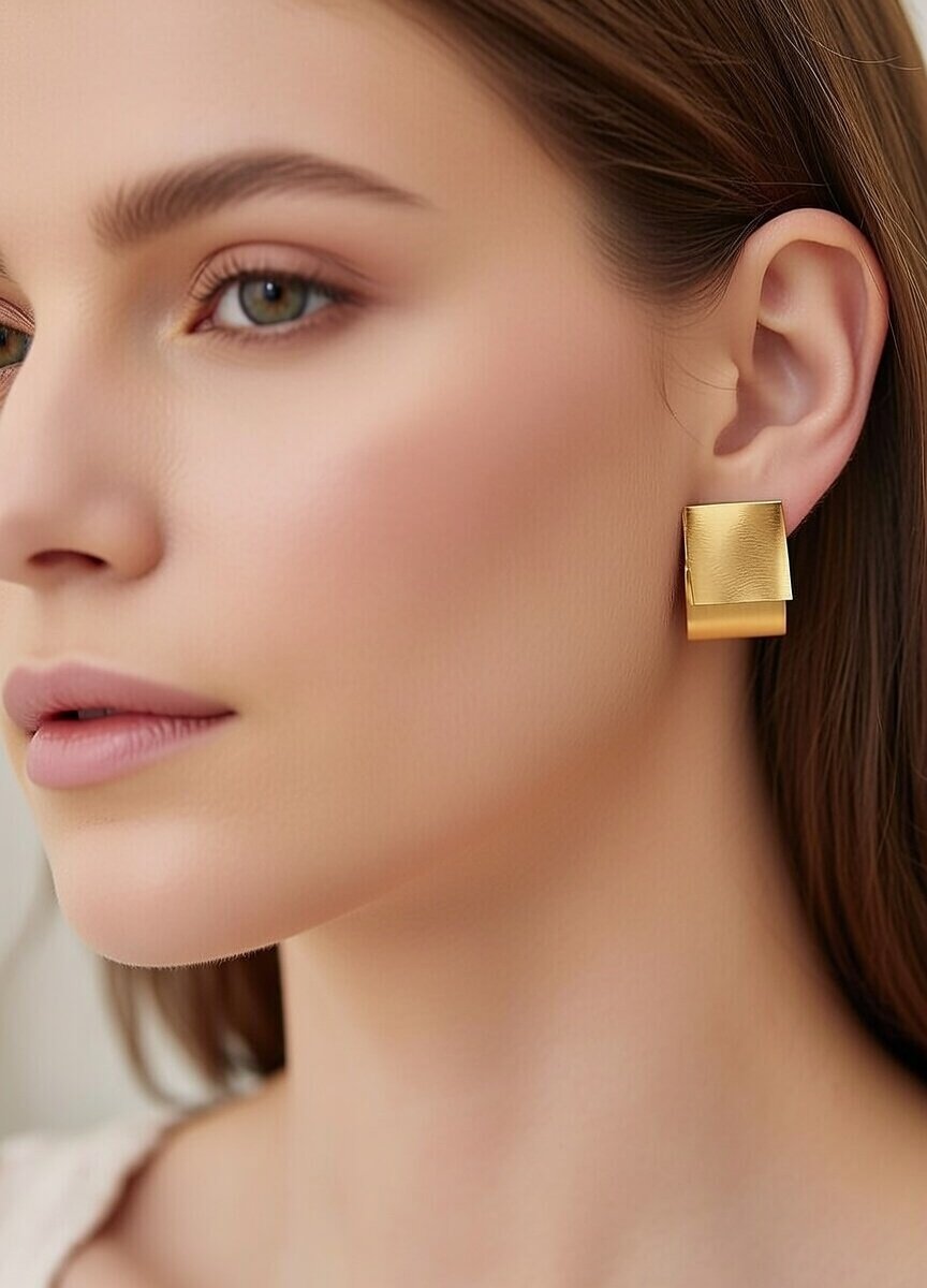 Minimalist Golden Brushed Metal Square Stud Earrings for Women - Image 2