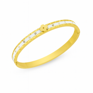 Gold Bangle Bracelet for Women with White Enamel, Flower Charm & Gemstone Accents – Textured Edge Design – Luxury Jewelry for Gifting & Occasions