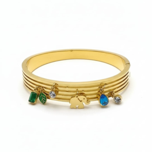 Gold Charm Bracelet for Women – Grooved Bangle with Tiger, Elephant & Gemstone Charms – Statement Jewelry