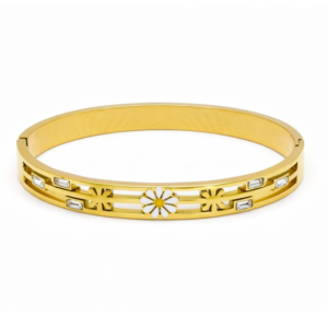 Gold Bangle Bracelet for Women with Floral Motif and Clear Gemstones – Dual Band Design – Elegant Jewelry for Gifting & Occasions