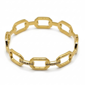 Gold Link Bracelet for Women – Interlocking Geometric Design with Clear Gemstone Accent – Polished Finish – Modern Luxury Jewelry