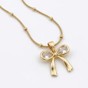 Dainty 18K Gold Plated Bow Pendant Necklace – 316L Stainless Steel, Waterproof & Anti-Tarnish Beaded Chain