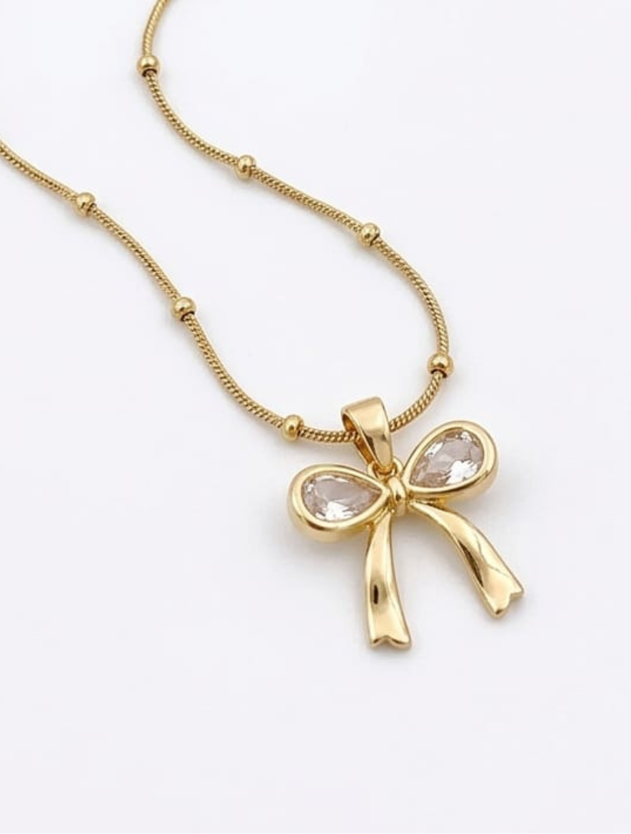 Dainty 18K Gold Plated Bow Pendant Necklace – 316L Stainless Steel, Waterproof & Anti-Tarnish Beaded Chain