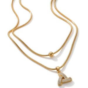 Dual-layered gold-plated snake chain necklace with interlocked triangle diamond pendant
