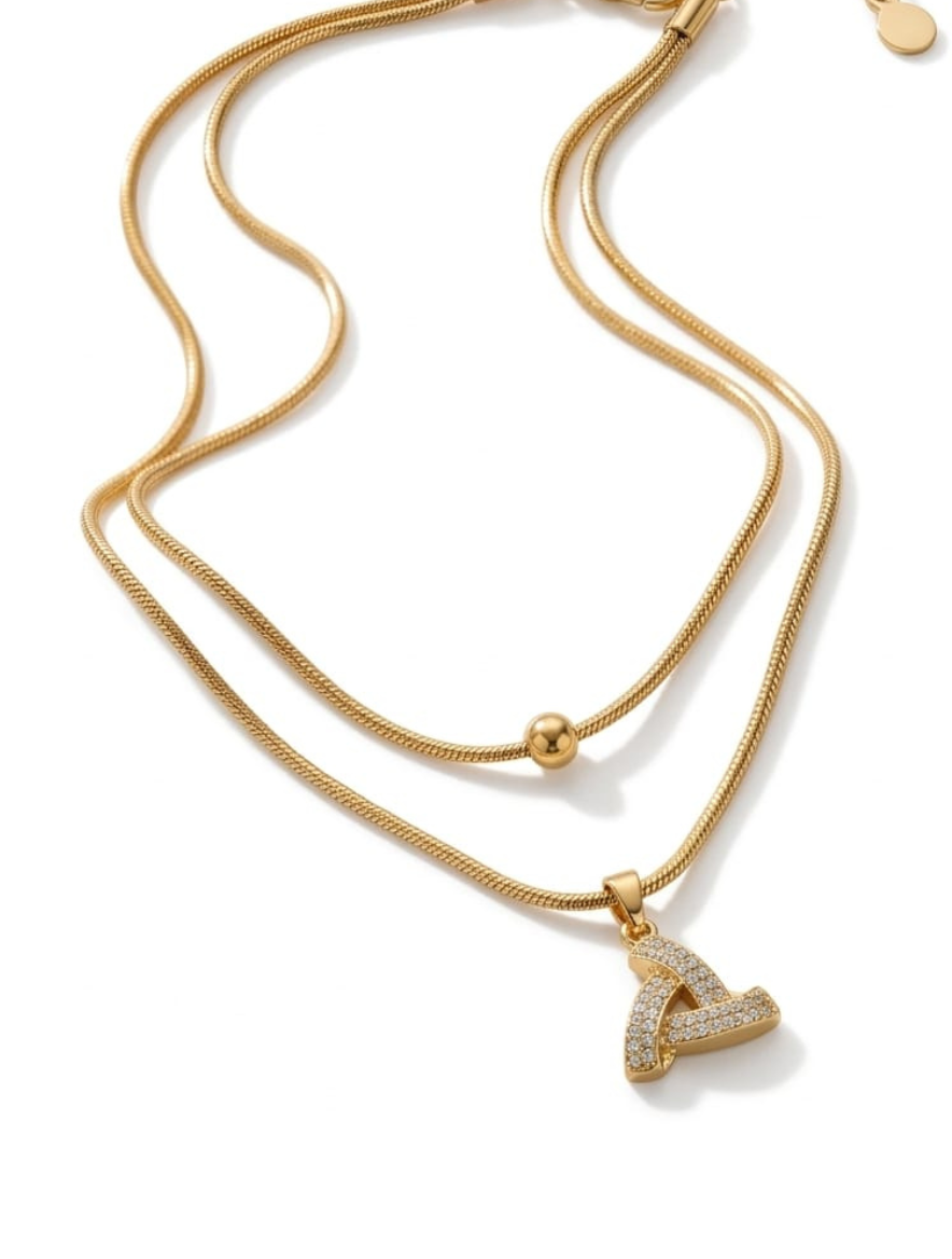 Elegant Dual-Layered Gold-Plated Snake Chain Necklace with Shimmering Interlocked Triangle Diamond Pendant and Minimalist Bead Accent