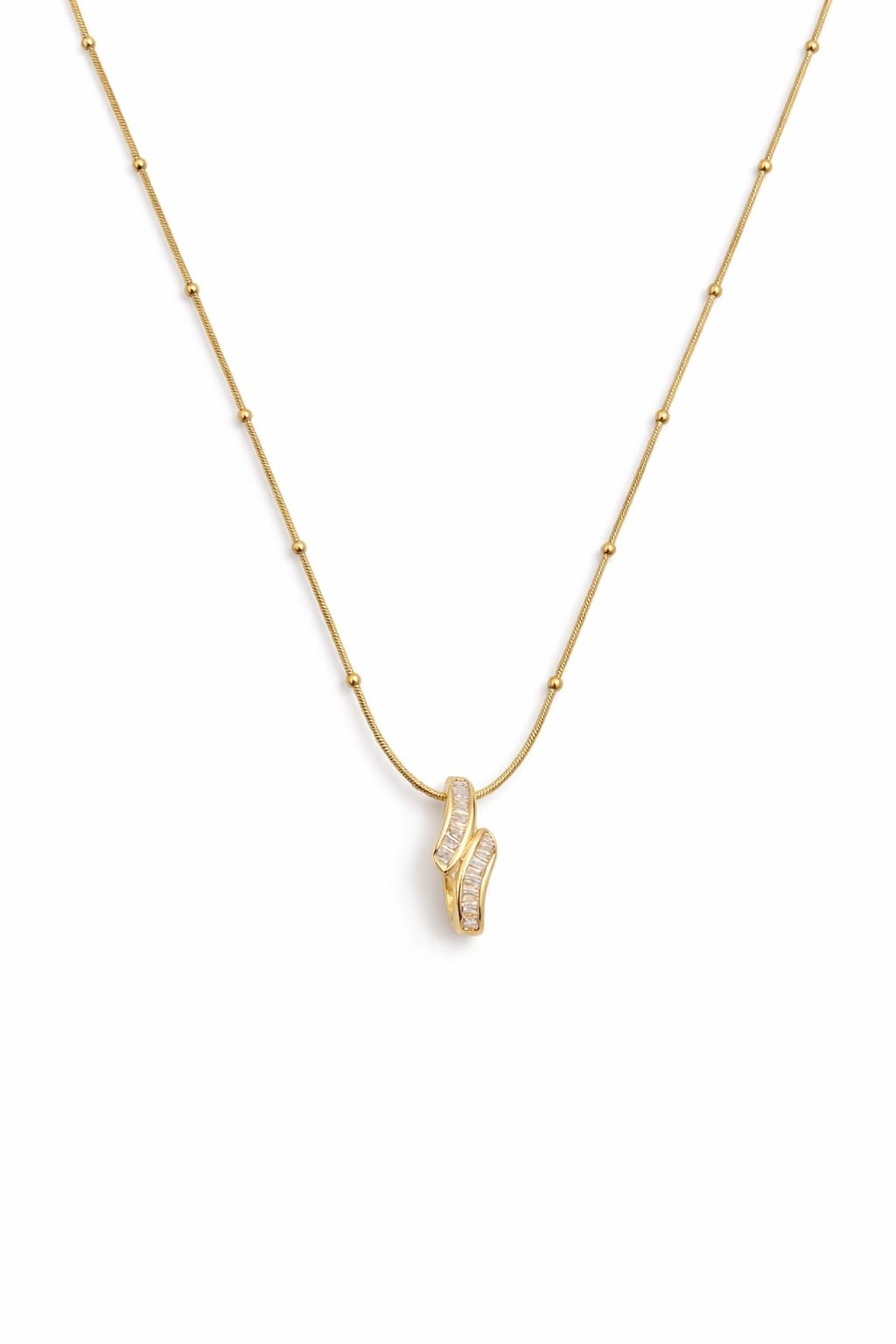 Baguette crystal twist pendant necklace in 18K gold-plated stainless steel