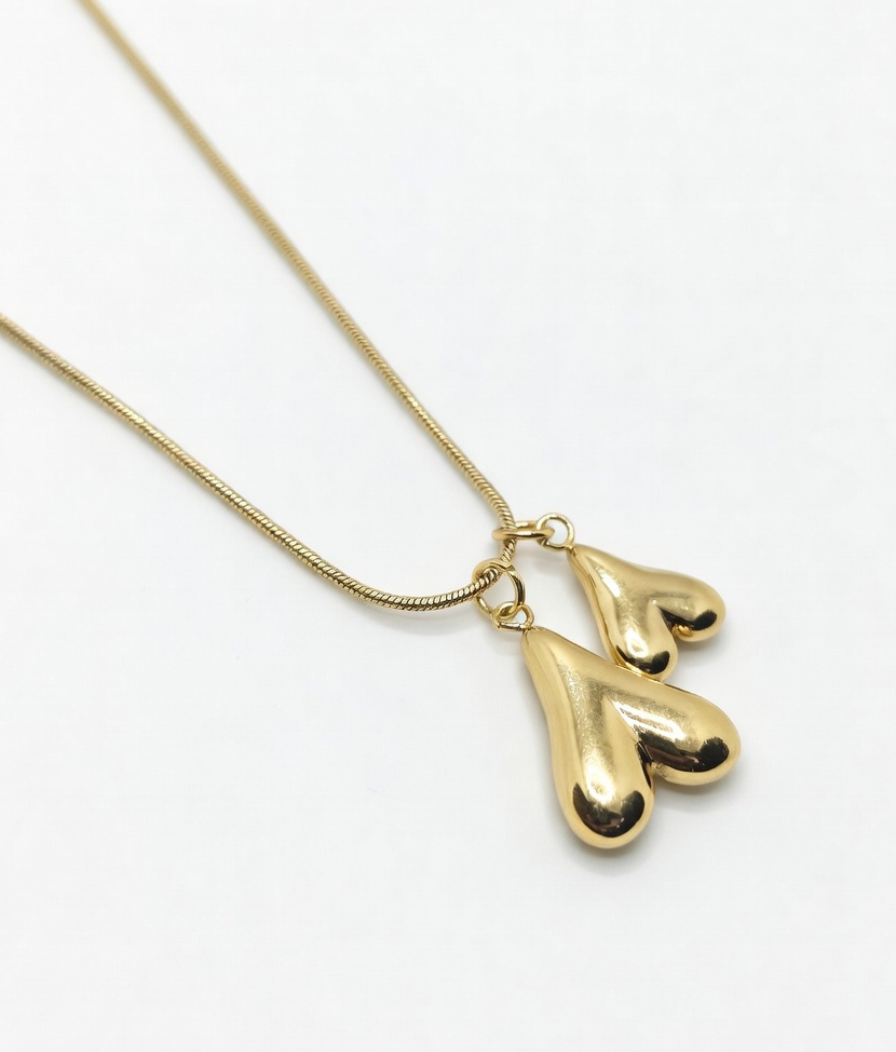 Gold plated double heart pendant necklace with snake chain by Just Jewel – anti tarnish and waterproof