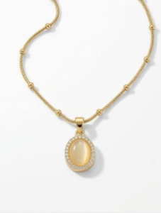 Timeless 18K Gold-Plated Single Layer Beaded Chain Necklace with Shimmering Oval Cat’s Eye Pendant