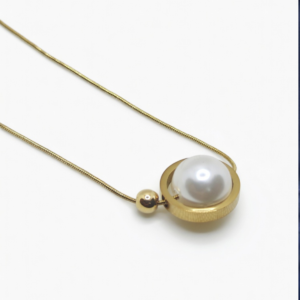 Gold plated pearl pendant necklace with circular frame and snake chain by Just Jewel – anti tarnish waterproof