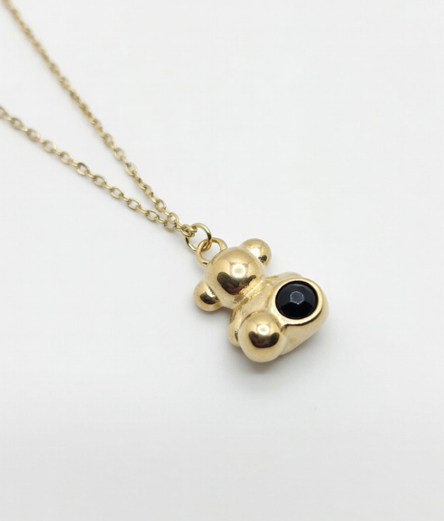 Just Jewel Gold Plated Teddy Bear Pendant Necklace with Black Gemstone - Anti Tarnish & Waterproof