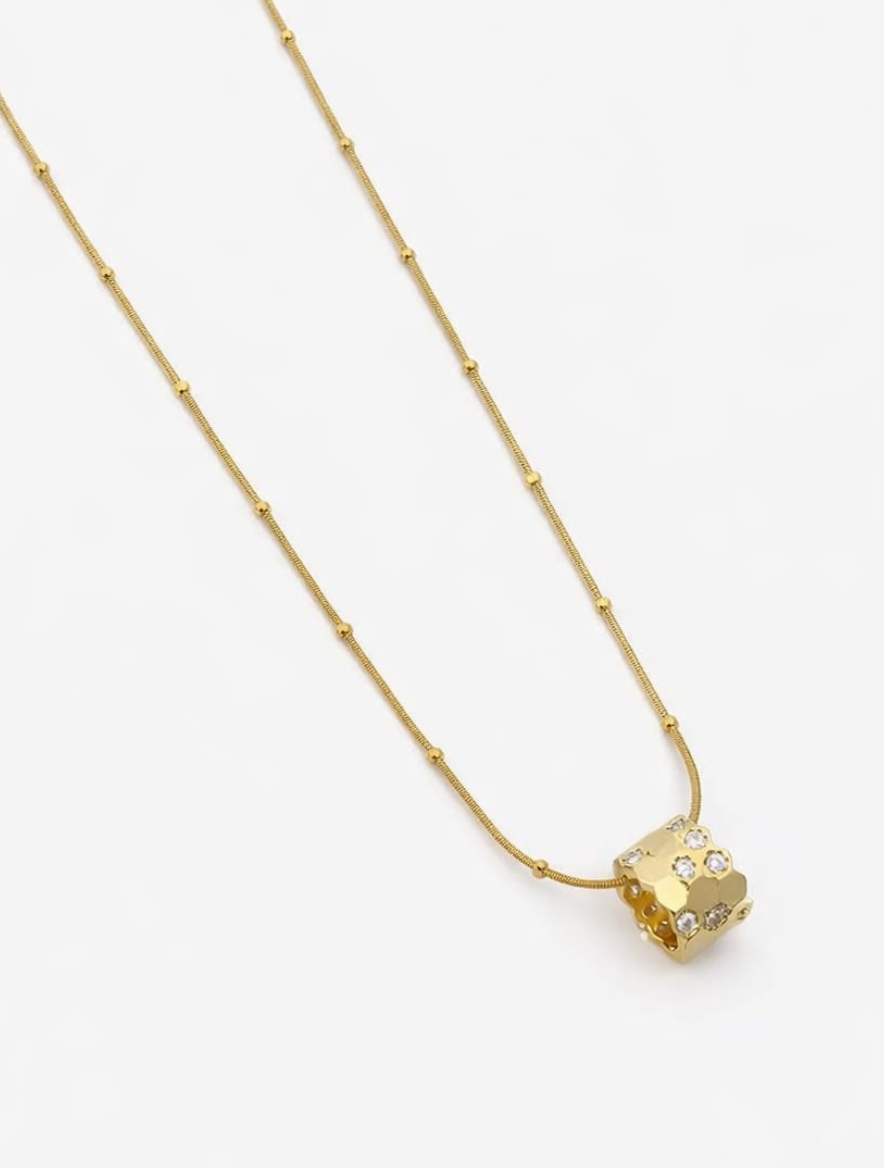 Modern 18K Gold Plated Geometric Cylinder Pendant Necklace – 316L Stainless Steel, Waterproof & Anti-Tarnish Beaded Chain