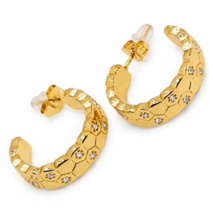 Premium Honeycomb Textured Gold Hoop Earrings with Star-Set Crystals