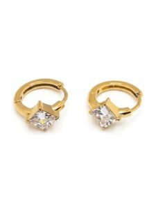 Solitaire Princess Cut Crystal Hoop Earrings | Elegant Square Stone Huggies | 18k Gold Plated Waterproof & Anti-Tarnish Premium Jewelry