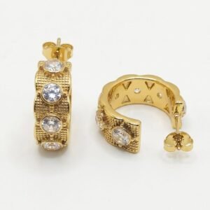 Textured Gold Hoop Earrings | Bezel-Set Crystal Huggies | 18k Gold Plated Waterproof & Anti-Tarnish Premium Jewelry