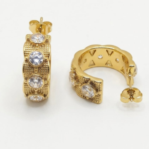 Textured Gold Hoop Earrings | Bezel-Set Crystal Huggies | 18k Gold Plated Waterproof & Anti-Tarnish Premium Jewelry