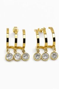 Premium Triple Band Crystal Drop Gold Earrings for Women | Elegant Three-Row Dangle Studs | Waterproof & Anti-Tarnish Luxury Jewelry