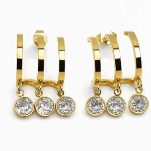 Premium Triple Band Crystal Drop Gold Earrings for Women | Elegant Three-Row Dangle Studs | Waterproof & Anti-Tarnish Luxury Jewelry