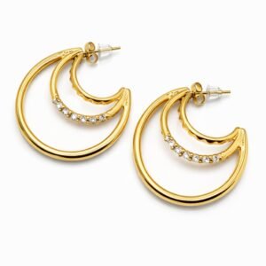 Triple Layered Crystal Hoop Gold Earrings for Women | Elegant Multi-Band Half-Hoop Studs | Waterproof & Anti-Tarnish Daily Wear