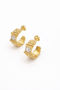 Vintage Texture Gold Hoop Earrings | Elegant Baguette Crystal Huggies | 18k Gold Plated Waterproof & Anti-Tarnish Premium Jewelry