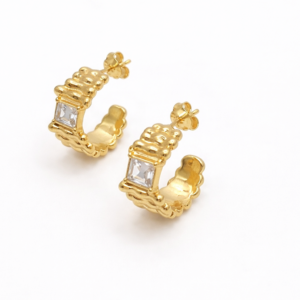 Premium Vintage Textured Gold Hoop Earrings with Baguette Crystal