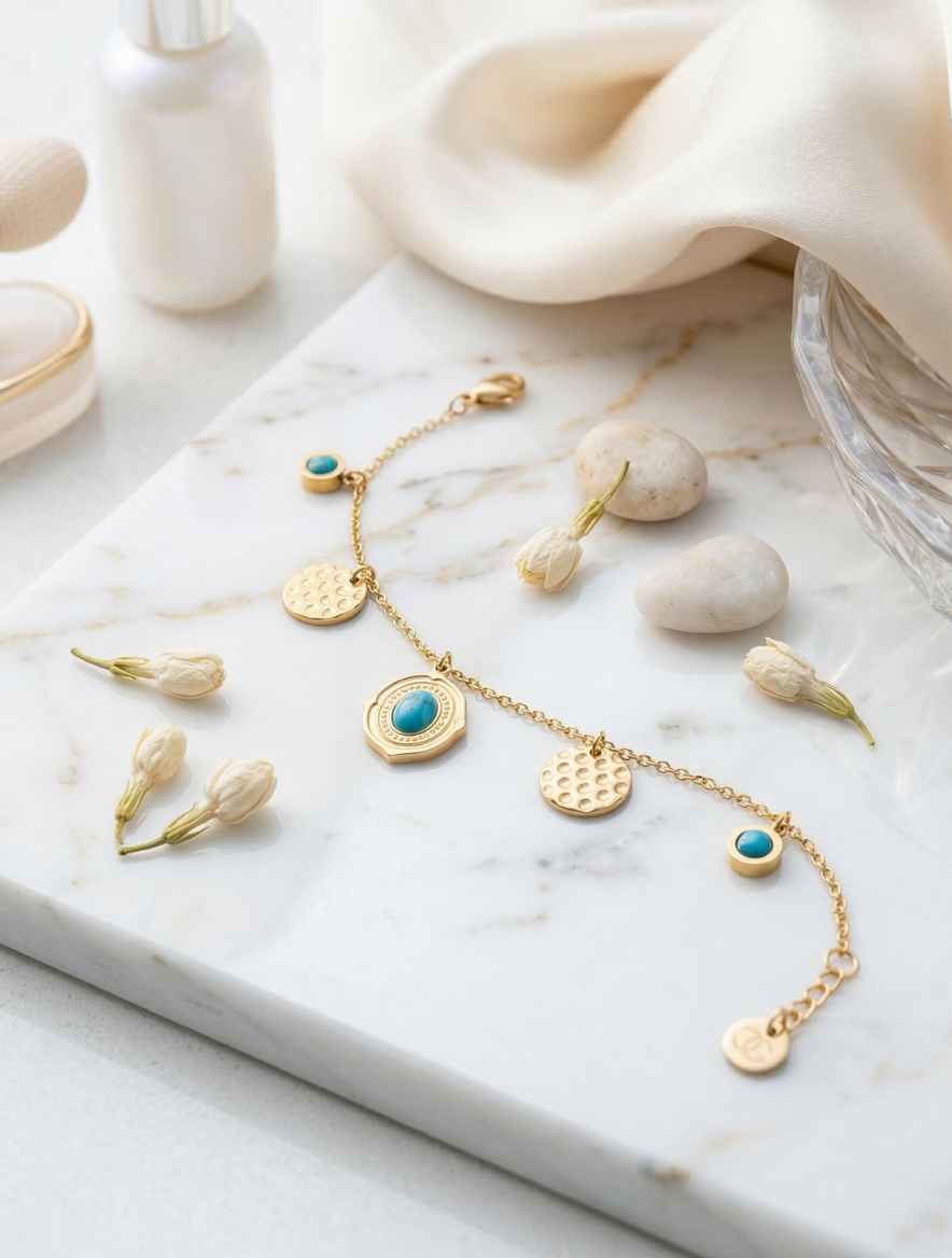 18K Gold Plated Turquoise & Textured Coin Multi-Charm Bracelet | Anti-Tarnish & Waterproof - Image 2