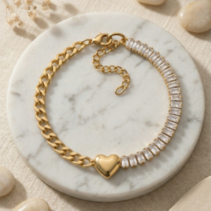 18K Gold Plated Heart & Baguette Diamond Tennis Bracelet | Anti-Tarnish & Waterproof Luxury Jewelry