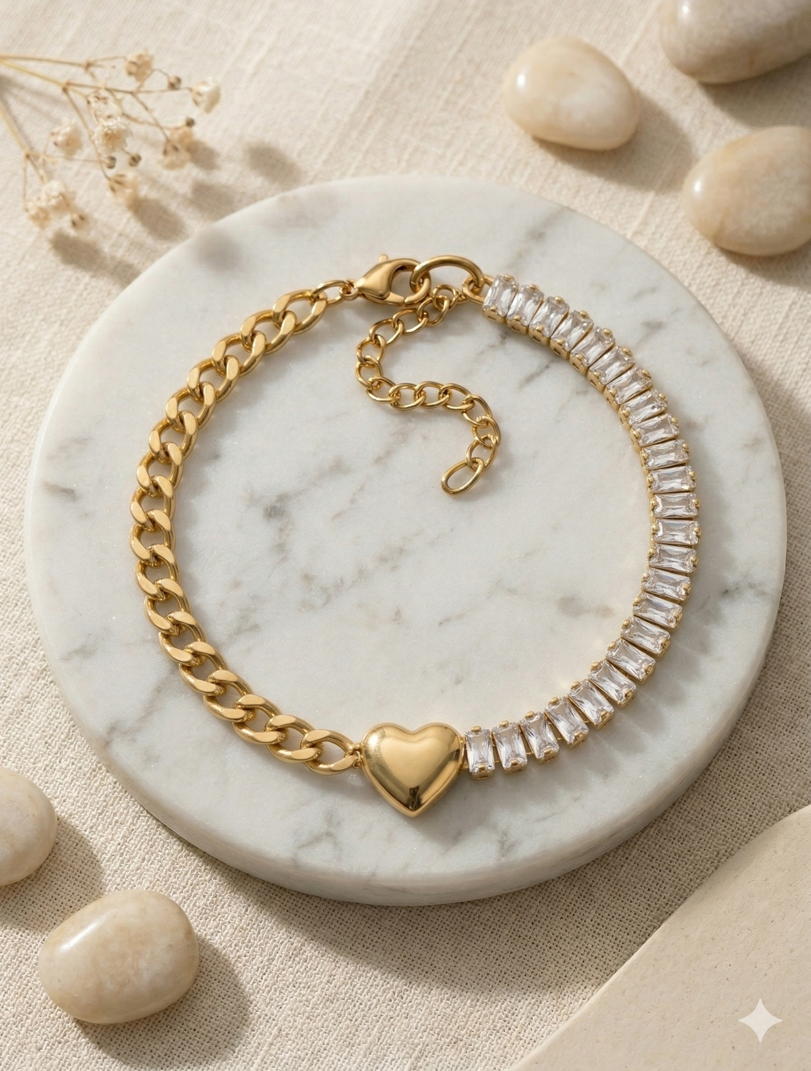 18K Gold Plated Heart & Baguette Diamond Tennis Bracelet | Anti-Tarnish & Waterproof Luxury Jewelry