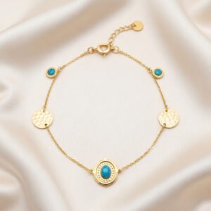 18K Gold Plated Turquoise & Textured Coin Multi-Charm Bracelet | Anti-Tarnish & Waterproof