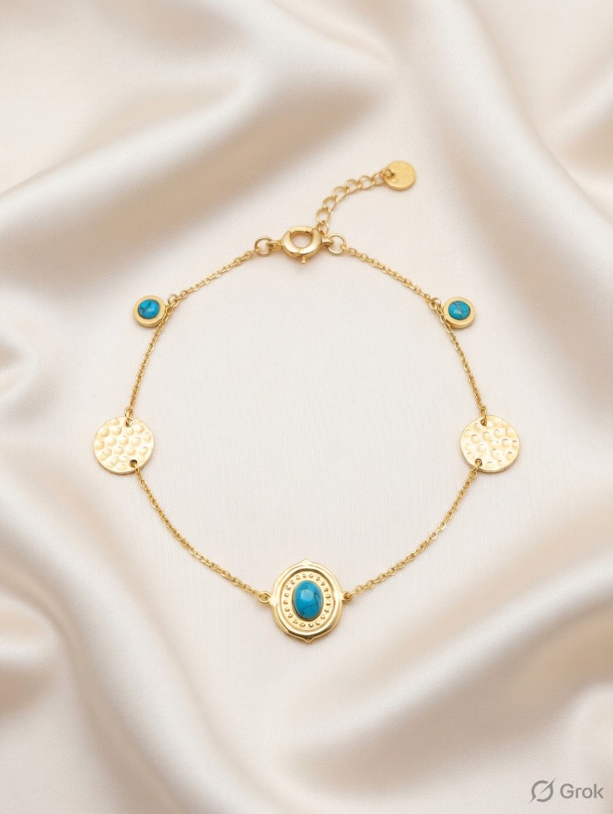 18K Gold Plated Turquoise & Textured Coin Multi-Charm Bracelet | Anti-Tarnish & Waterproof