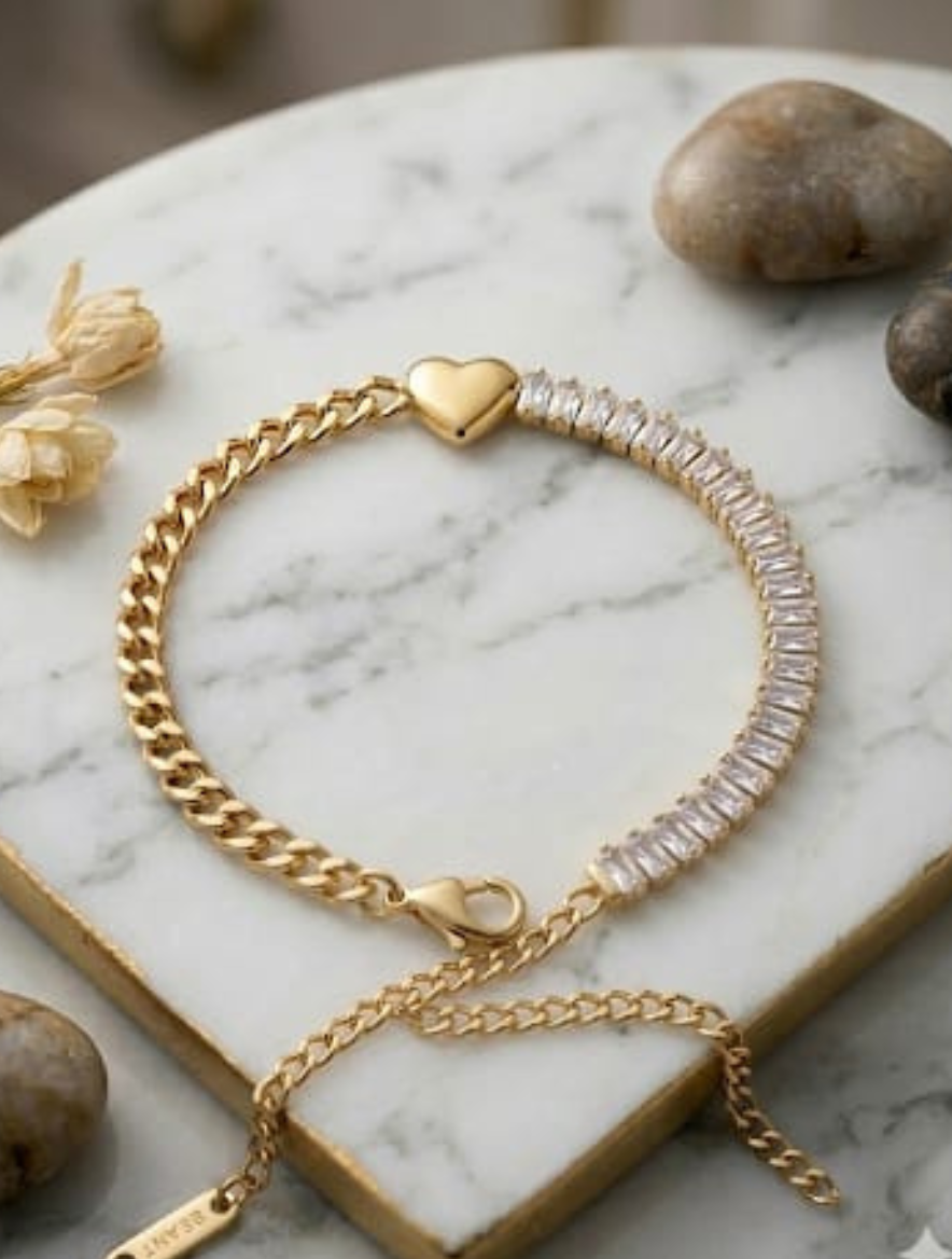 18K Gold Plated Heart & Baguette Diamond Tennis Bracelet | Anti-Tarnish & Waterproof Luxury Jewelry - Image 3