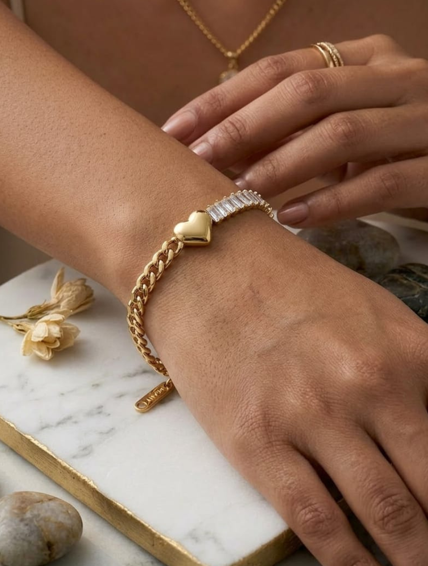 18K Gold Plated Heart & Baguette Diamond Tennis Bracelet | Anti-Tarnish & Waterproof Luxury Jewelry - Image 4