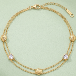 18K gold plated double layer anti tarnish shell bracelet with heart crystals - JustJewel Beach Collection